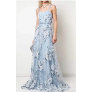 MARCHESA Sleeveless Embroidered Tulle Layered Gown - Light Blue Floral